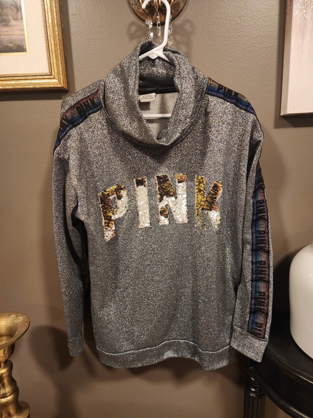 PINK Victoria's Secret Silver Metallic Sequin Logo Turtleneck Sweater